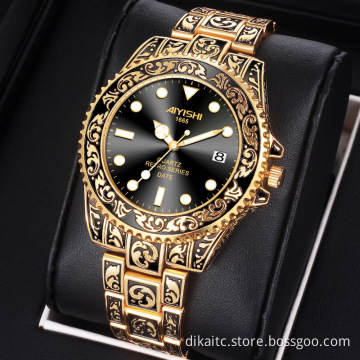 Luxury Retro Golden Quartz Watches AIYISHI Top Brand Stainless Steel Luxury Calendar Waterproof Luminous Watch Man Wristwatches